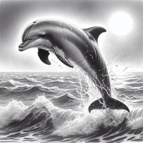 Detailed Sketch of Joyful Baby Dolphin Leaping out of the Choppy Waves ...