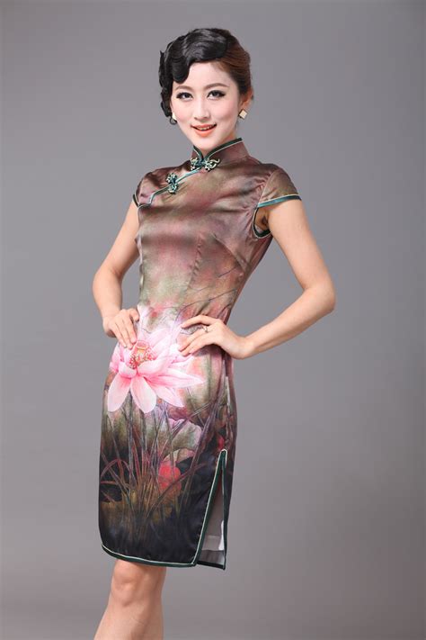 Tantalizing Lotus Flowers Silk Cheongsam Qipao Cheongsam Dresses