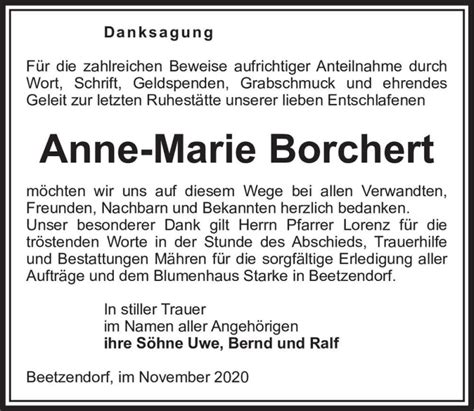 Traueranzeigen Von Anne Marie Borchert Abschied Nehmen De