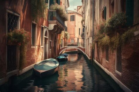 Premium AI Image | A painting of a canal with a boat on it