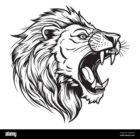 Visage Rugissant De Lion Portrait Croquis Graphique Noir Et Blanc D