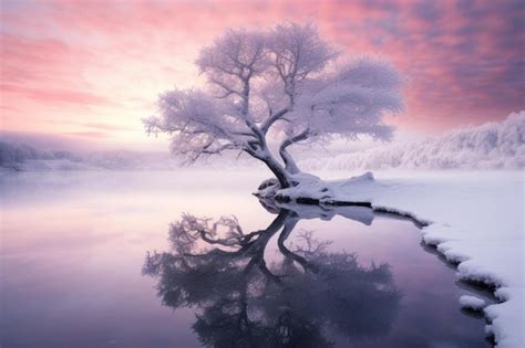 Premium Ai Image A Lone Tree In The Middle Of A Frozen Lake