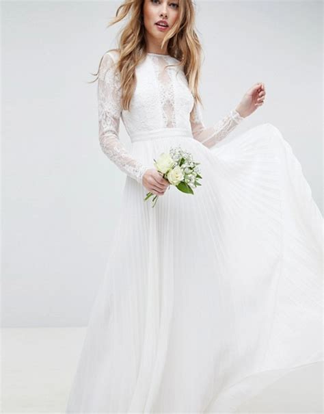 Asos Edition Sleeve Lace Bodice Maxi Wedding Dress Pleated Skirt Ivory