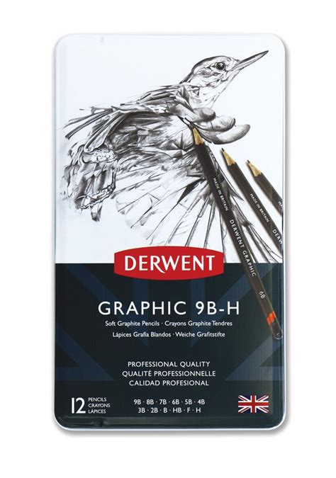 Caja metálica de 12 lápices grafito Derwent 9B H con diferentes