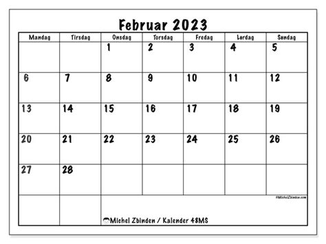 Kalender For Februar 2023 For Utskrift Norge Michel Zbinden NO