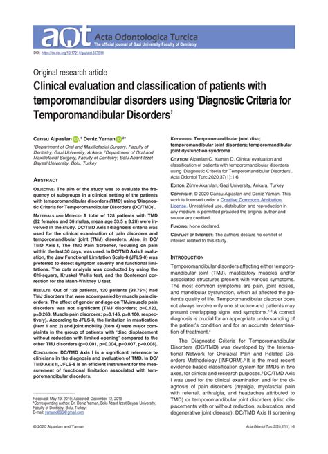 Pdf Clinical Evaluation And Classification Of Patients With Temporomandibular Disorders Using