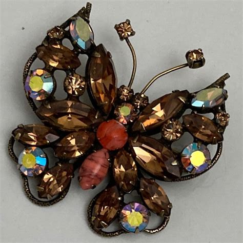 Signed Vintage Regency Bronze Butterfly Brooch Pin W Gem