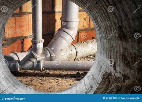 Sewer Pipes In Home Basement System Of Gray Sanitary Pipes When