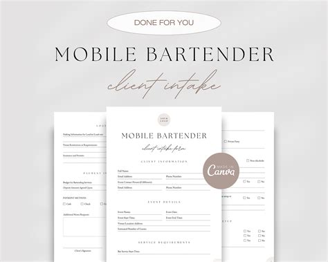 Mobile Bartender Client Intake Form Mobile Bar Booking Form Cocktail Catering Client Intake