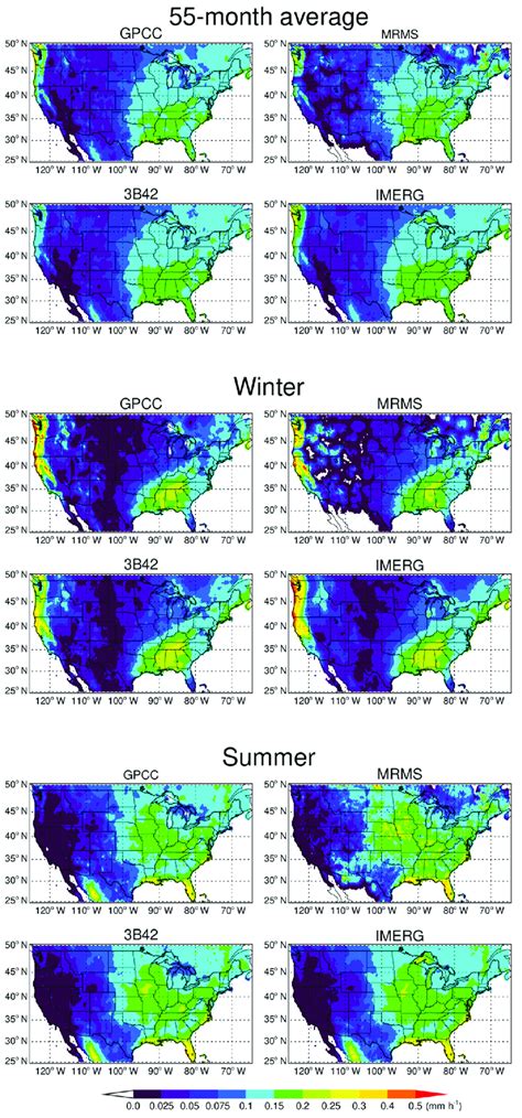 Mean Monthly Precipitation Maps From Gpcc Mrms B And Imerg Over