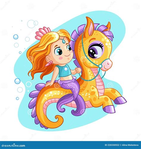 Cute Mermaid Riding On A Sea Horse Vector Cartoon Illustration Stock