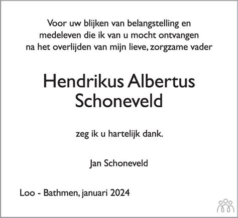 Hendrikus Albertus Henk Schoneveld 21 12 2023 Overlijdensbericht En