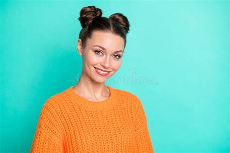 Photo Portrait Of Pretty Girl With Girlish Hairdo Smiling Wearing