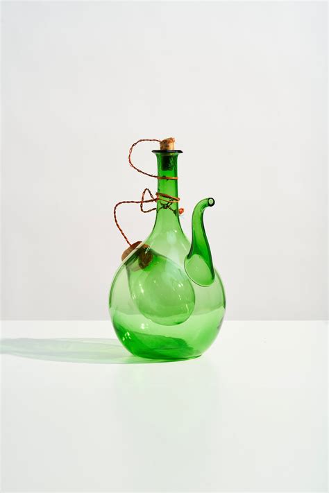 Vintage Italian Hand Blown Green Glass Wine Decanter With Ice Reservoir