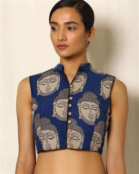 Custom Made Blue Kalamkari Buddha Print Blouse With High Collar And