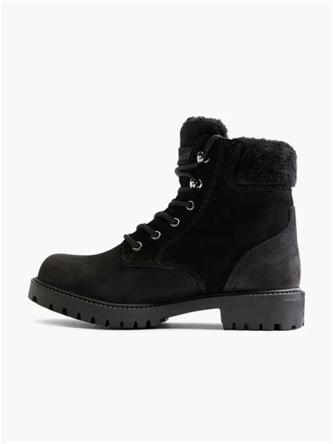 Landrover Black Leather Suede Faux Fur Lined Lace Up Boot In Black