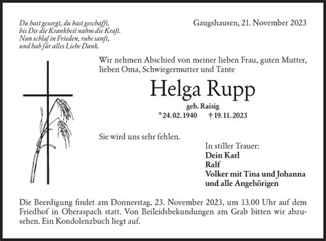 Traueranzeigen von Helga Rupp Südwest Presse Trauer