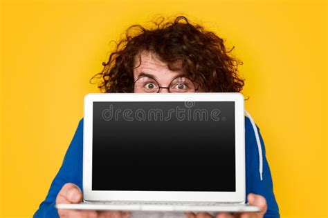 Funny Nerdy Guy Showing Blank Laptop Stock Image Image Of Data