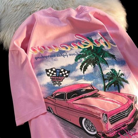 Amerikanische High Street S E Rosa Auto Drucken T Shirts Frauen M Dchen