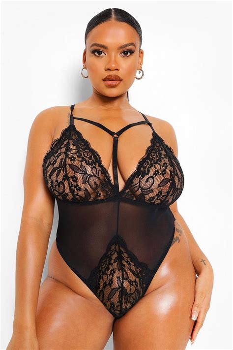 Plus Strappy Plunge Lace And Mesh Bodysuit Boohoo Uk