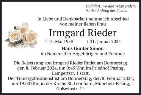 Traueranzeigen Von Irmgard Rieder Trauer Merkur De