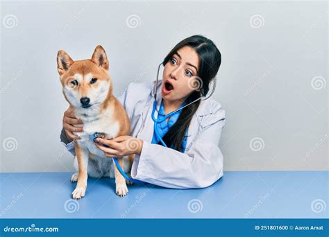 Beautiful Hispanic Veterinarian Woman Checking Dog Health Afraid And