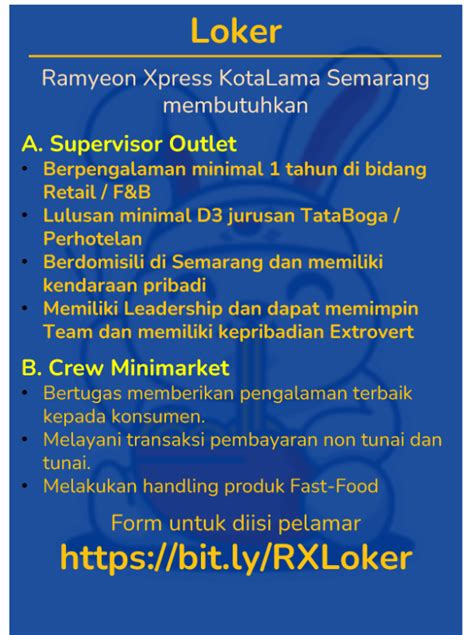 Lowongan Kerja Supervisor Outlet Crew Minimarket Di Ramyeon Xpress