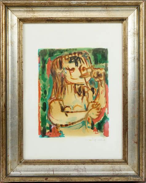 Giuseppe Migneco Figura Litografia Cm 44x32 Entro Cornice Asta