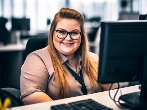 Premium AI Image A Woman With Glasses Sitting At A Desk In Front Of A