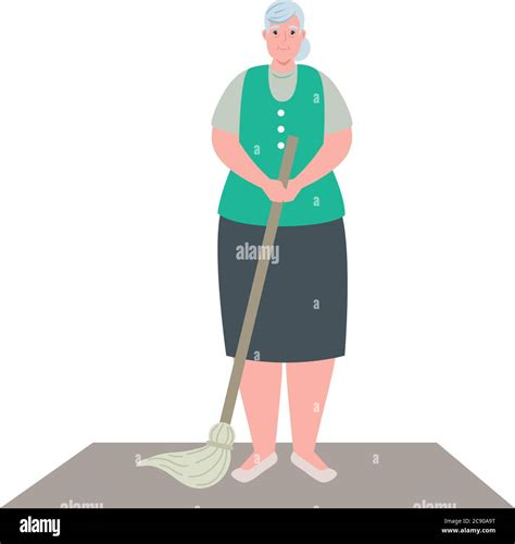 Cute Old Woman With Mop Grandmother With Mop On White Background Stock