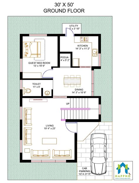 30x50 Modern House Plan Design 3 Bhk Plan 034 Happho