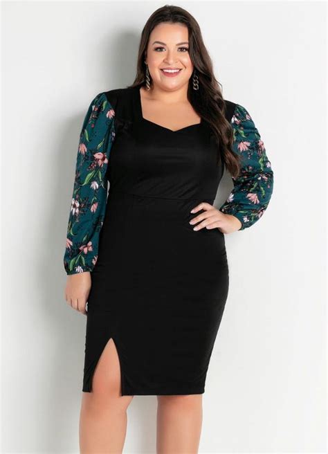 Vestido Midi Preto E Floral Fenda Plus Size Marguerite