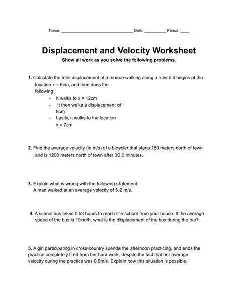 Displacement And Velocity Worksheet