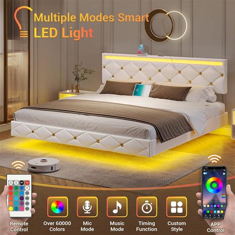 King Size LED Floating Bed Frame with USB Charging Station, Upholstered ...