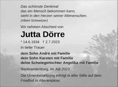 Traueranzeigen von Jutta Dörre Trauer Nordkurier