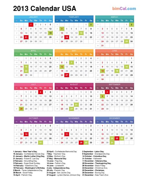 2013 Calendar Usa Bimcal