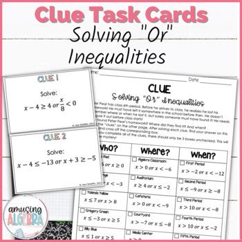 Solving Or Compound Inequalities Clue Mystery Task Cards Activity