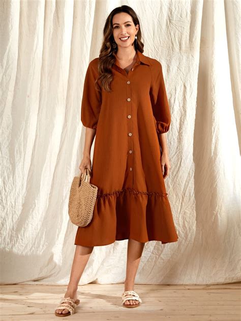 Emery Rose Lantern Sleeve Ruffle Hem Shirt Dress Shein Usa