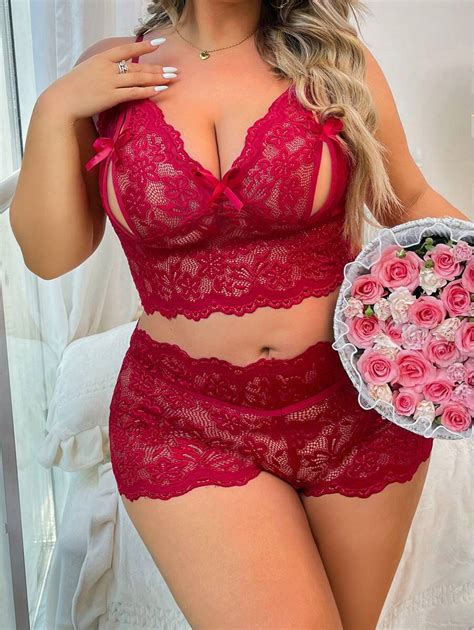 Classic Sexy Plus Floral Lace Cut Out Lingerie Set Shein Usa