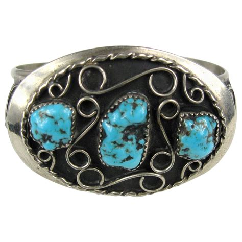 Sterling Silver Navajo 3 Turquoise Cuff Bracelet Old Pawn Native