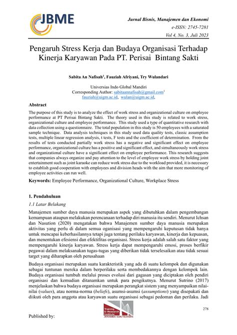 Pdf Pengaruh Stress Kerja Dan Budaya Organisasi Terhadap Kinerja