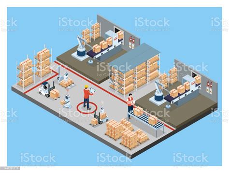 3d 아이소메트릭 자동화 창고 로봇 및 스마트 창고 기술 개념과 창고 자동화 시스템 및 로봇 운송 운영 서비스 벡터 일러스트