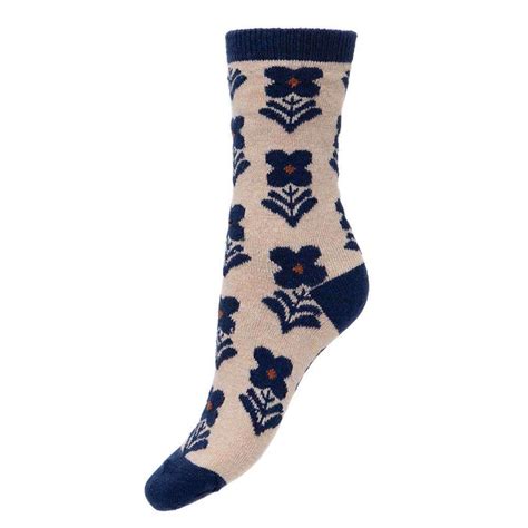 Thick Cream Wool Blend Socks With Ribbed Cuff And Flowers Farm House Collection