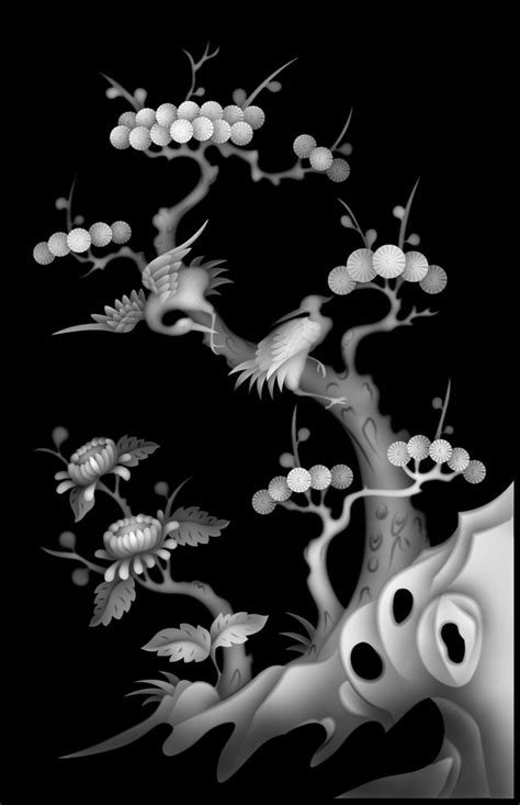 Birds Sitting On Tree Grayscale Image BMP File ARABIC CNC