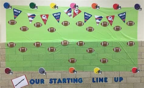 A Bulletin Board With Footballs On It And The Words Our Starting Line Up