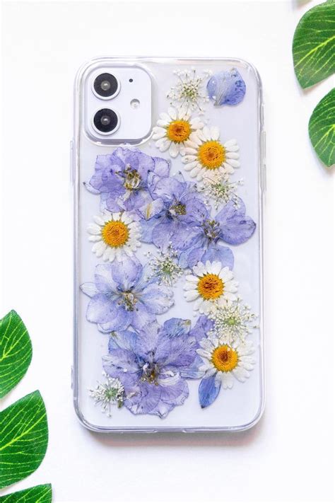 Handmade Pressed Flower Iphone Bumper Cases With Real Pressed Purple And White Cherry Blossoms