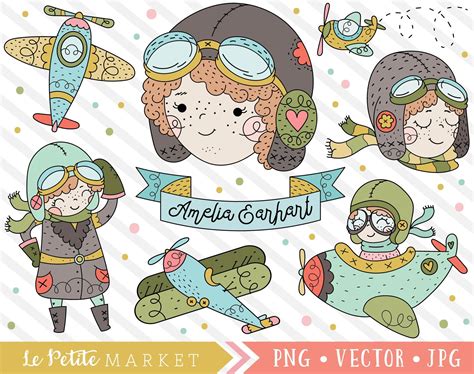 Amelia Earhart Clipart Set Cute Aviator Clipart Flying Clip Art