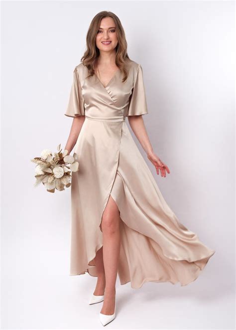 Champagne Beige Silk Satin Long Wrap Dress Silk Dress Wrap Dress