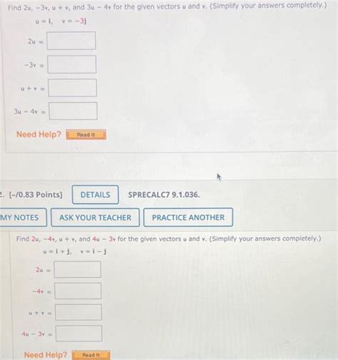 Solved Find 2u 3v U V And 3u4v For The Given Vectors U Chegg