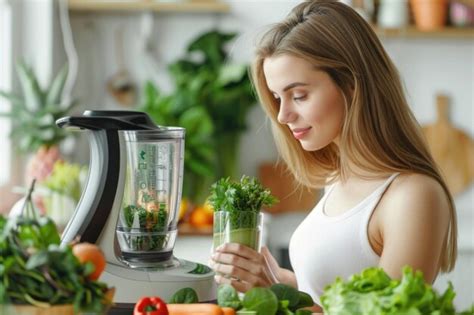 Premium Photo Woman Making Healthy Green Smoothies With Blender At Home